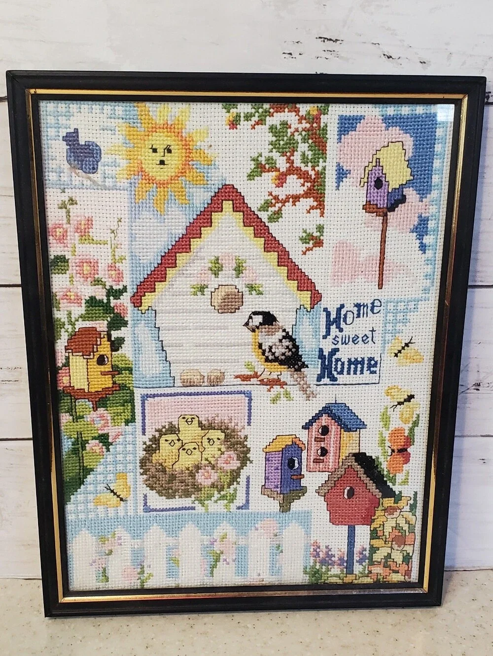 Finished Cross Stitch Birdhouse Home Sweet Home Framed Needlepoint Cottagecore G